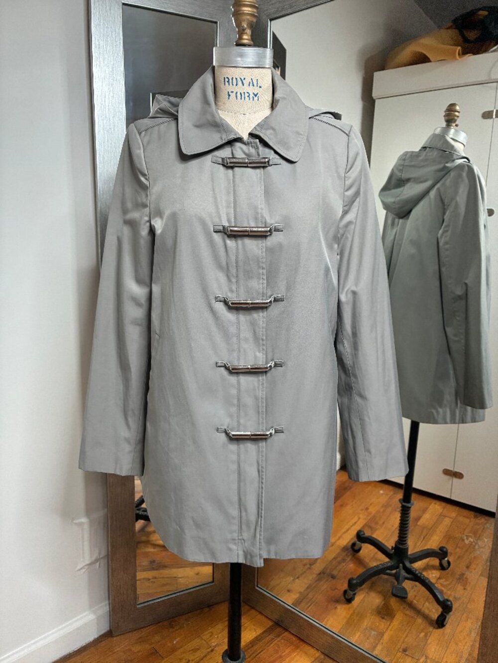 Calvin Klein Grey Raincoat with toggles and removeable hood, Size Medium